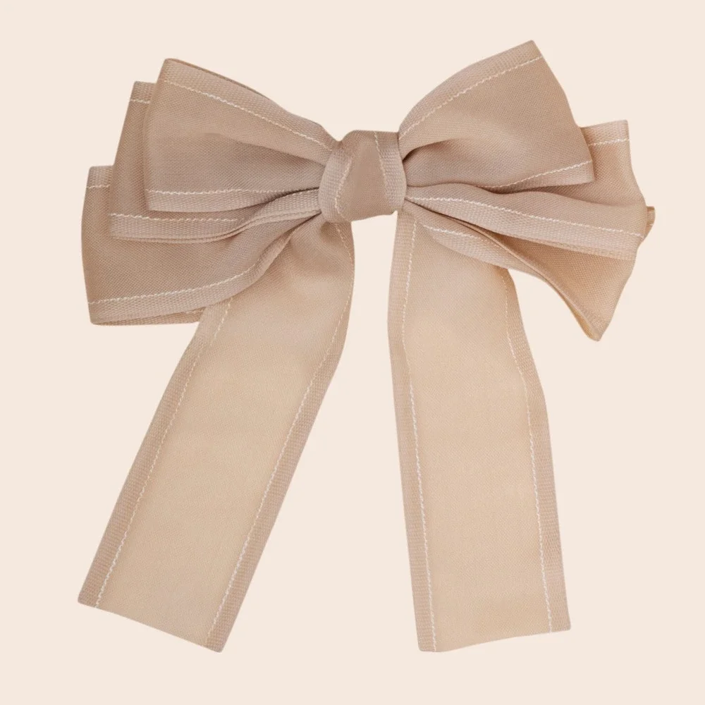 Kids Oversized Sheer Mesh Hair Bow Barrette Beige Tan with Contrast Stitching